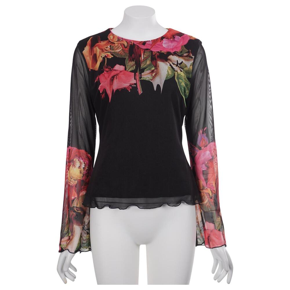 Desigual Top XL Black Floral Print Mesh Long Sleeve Pullover Stretch **READ**